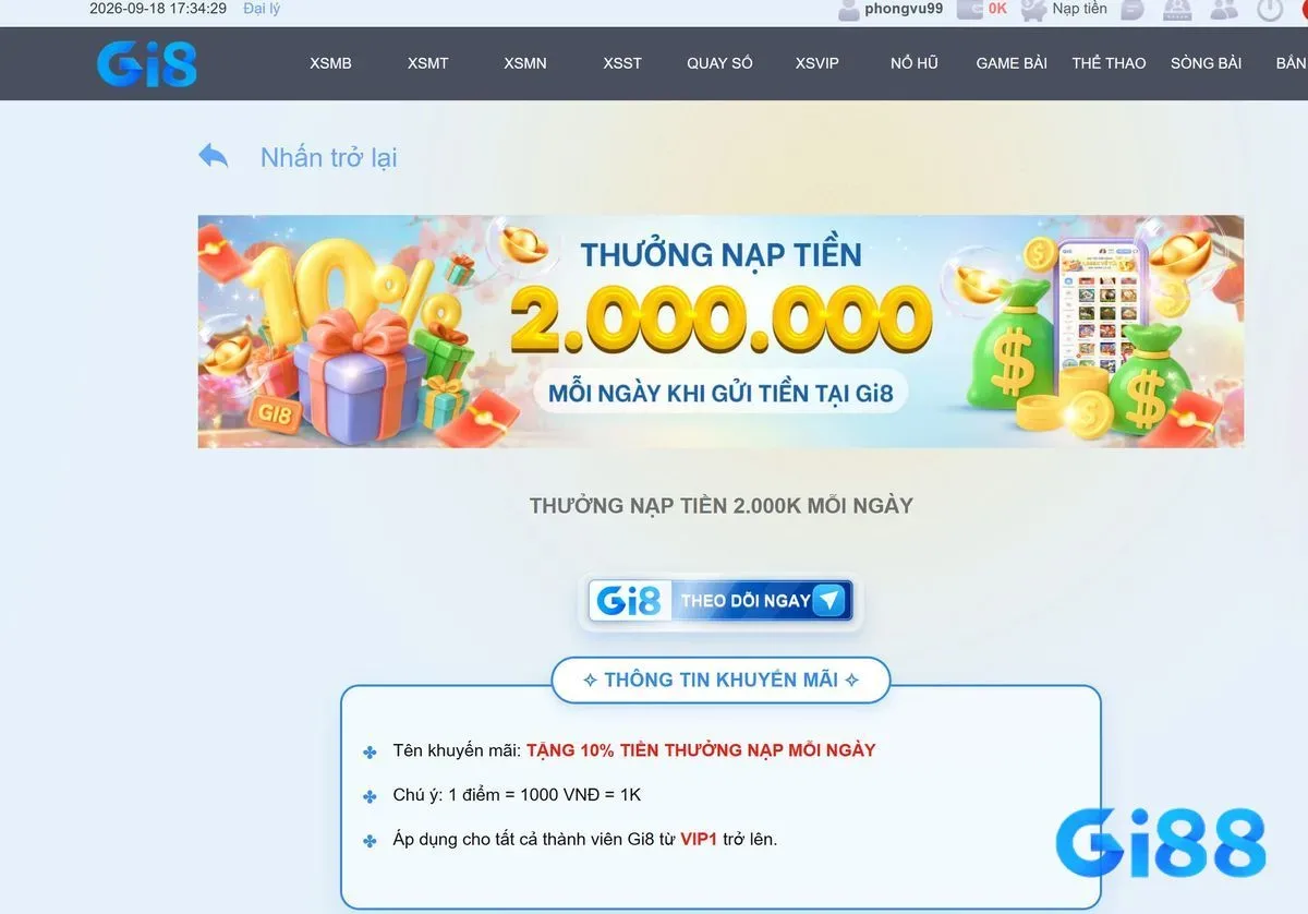 Nạp tiền nhận khuyến mãi 2 triệu tại gi8
