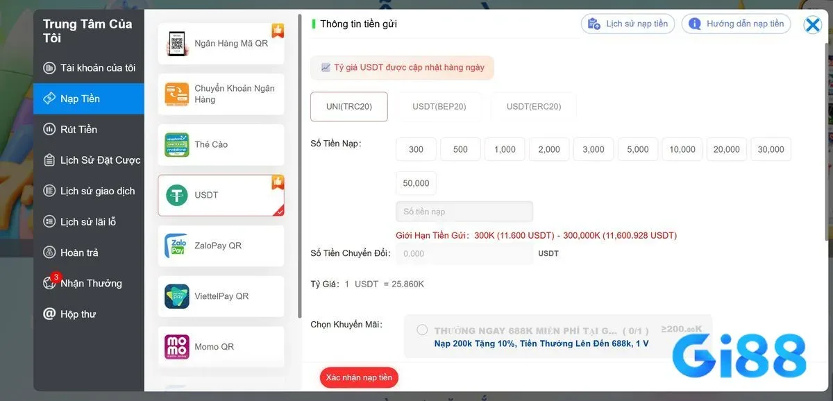 Nạp tiền usdt tại Gi8